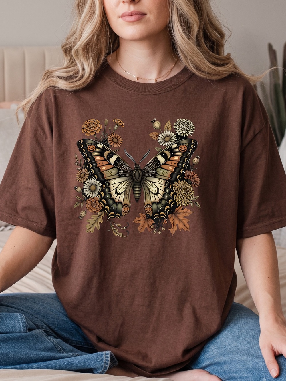 Gildan Brown Butterfly Floral Graphic Tee